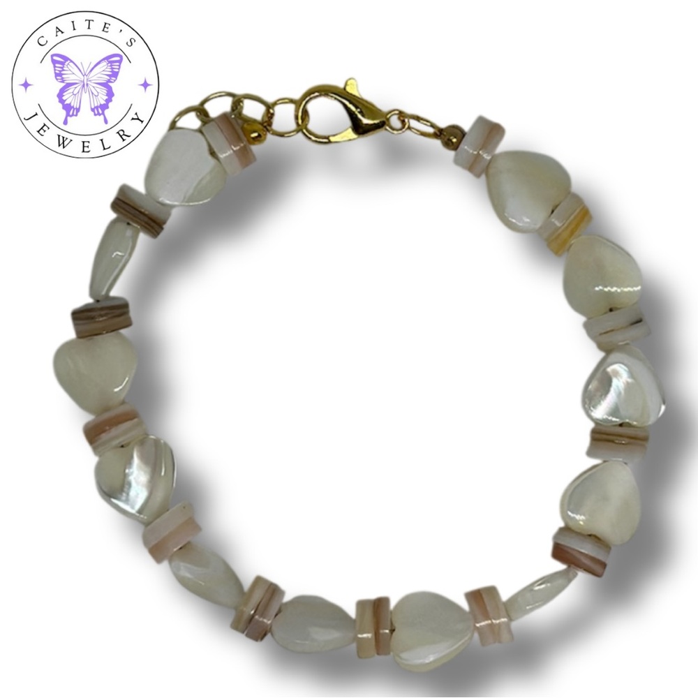 Handmade Gold Wire Bracelet with Shell Heart Beads